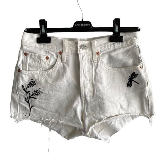 LEVI’S 501 High Waisted Cut Off Denim Jean Shorts White With Black Embroidery 26 - Picture 1 of 10